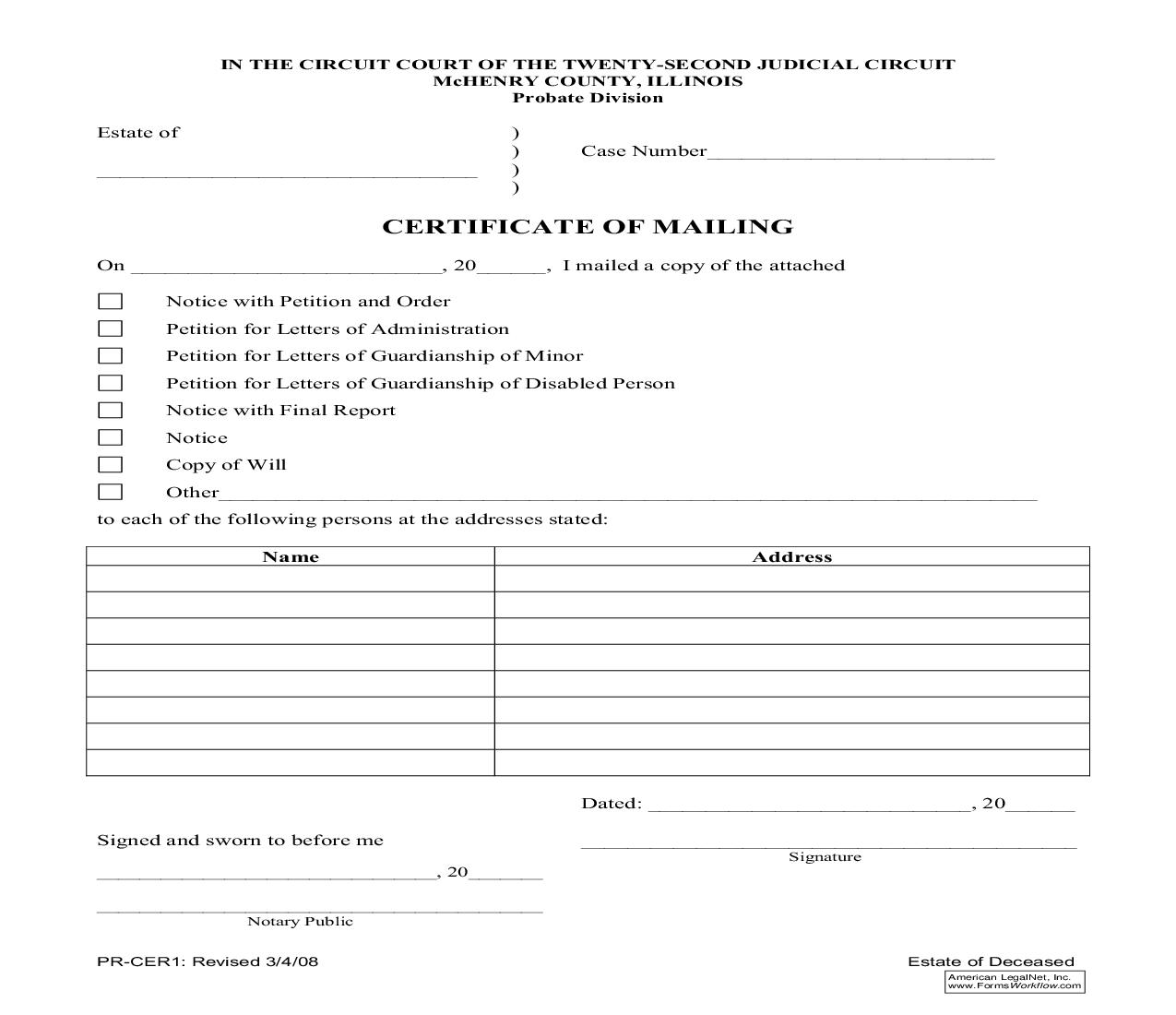Certificate Of Mailing {PR-CER1} | Pdf Fpdf Doc Docx | Illinois