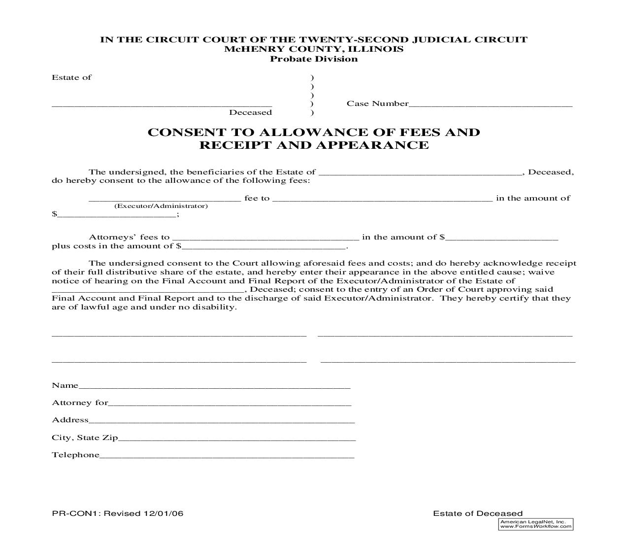 Consent To Allowance Of Fees And Receipt And Appearance {PR-CON1} | Pdf Fpdf Doc Docx | Illinois
