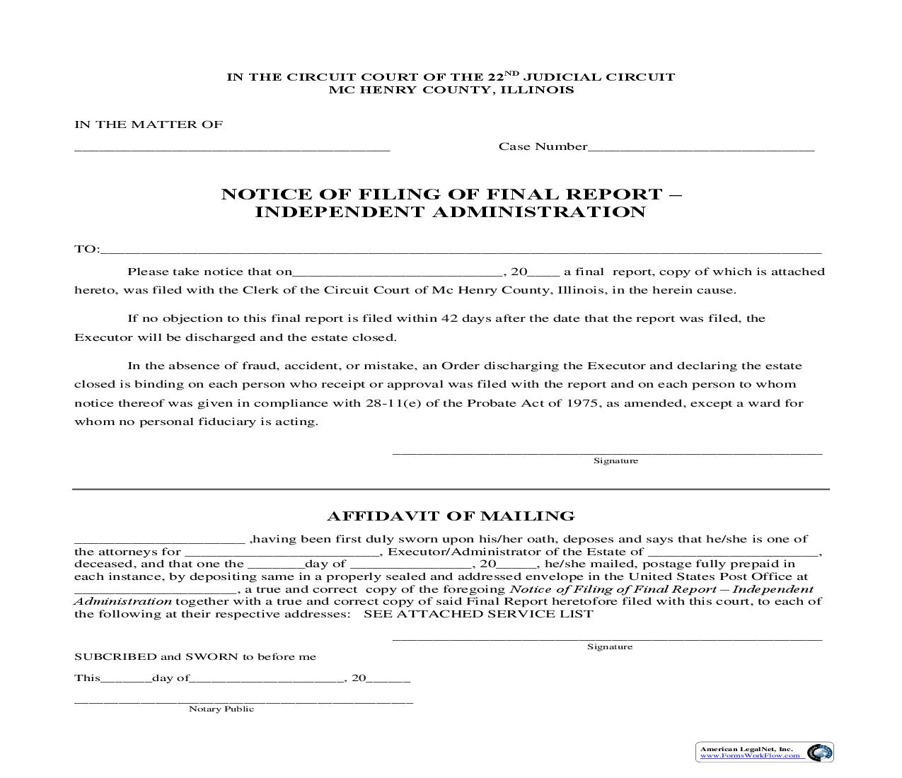 Notice Of Filing Final Report - Independent Administration | Pdf Fpdf Doc Docx | Illinois