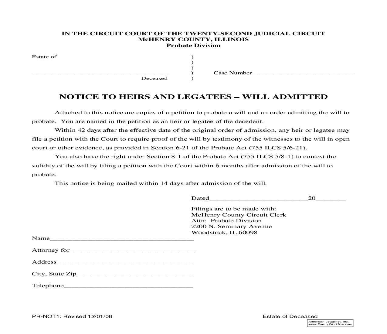 Notice To Heirs And Legatees Will Admitted {PR-NOT1} | Pdf Fpdf Doc Docx | Illinois