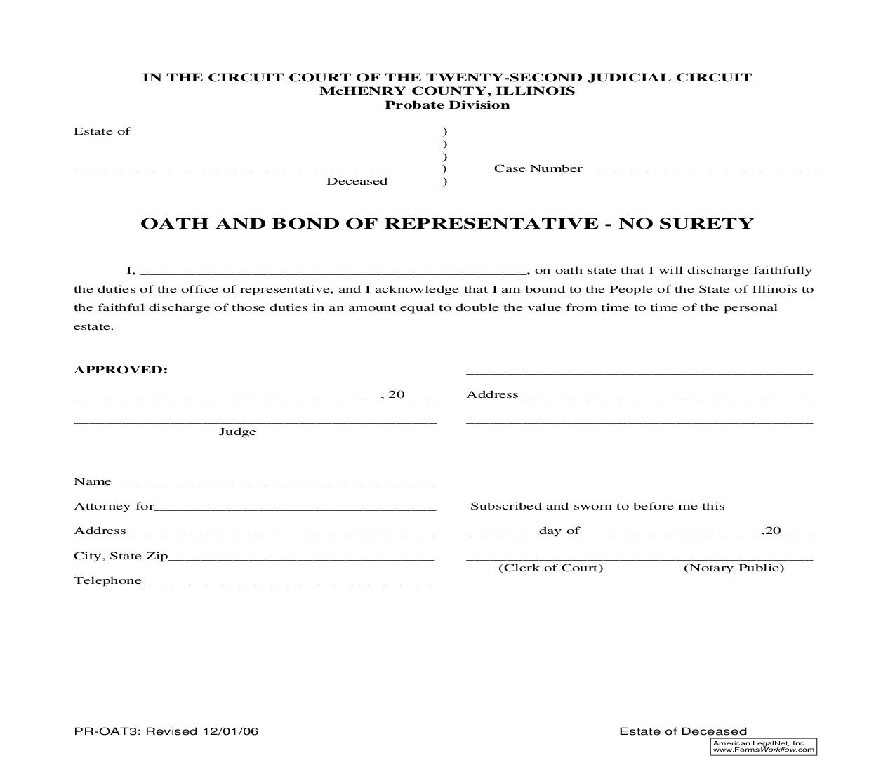 Oath And Bond Of Representative - No Surety {PR-OAT3} | Pdf Fpdf Doc Docx | Illinois