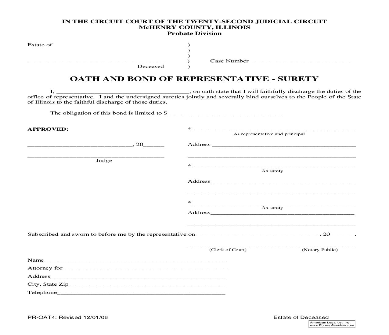 Oath And Bond Of Representative - Surety {PR-OAT4} | Pdf Fpdf Doc Docx | Illinois