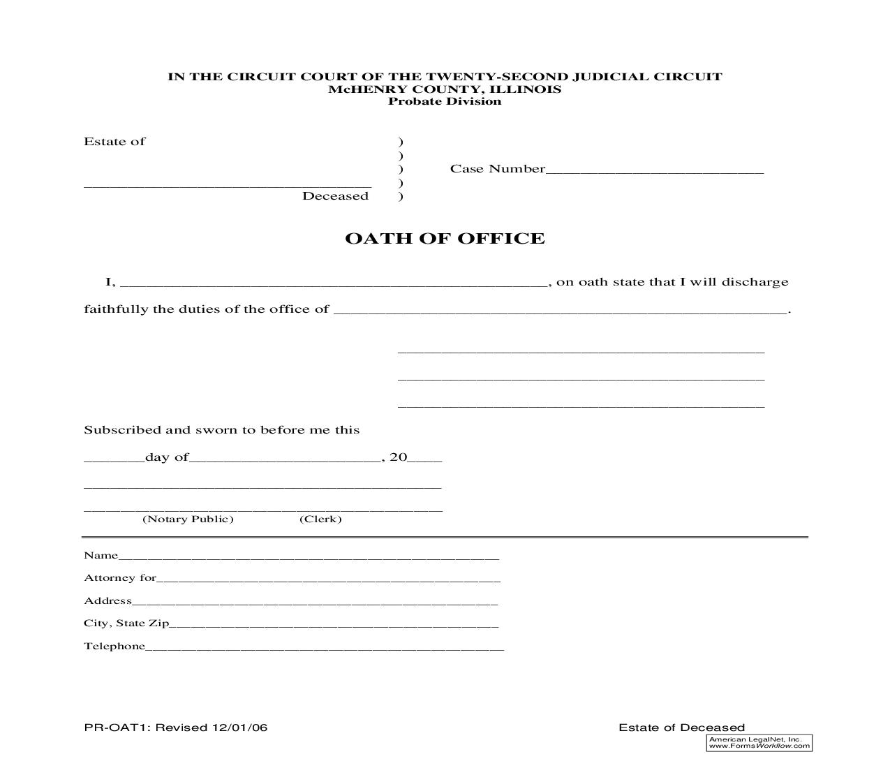 Oath Of Office {PR-OAT1} | Pdf Fpdf Doc Docx | Illinois