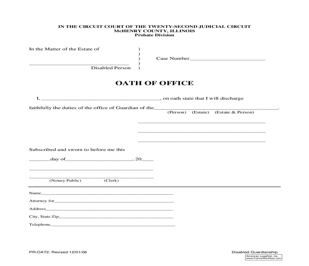 Oath Of Office (Disabled Person) {PR-OAT2} | Pdf Fpdf Doc Docx | Illinois