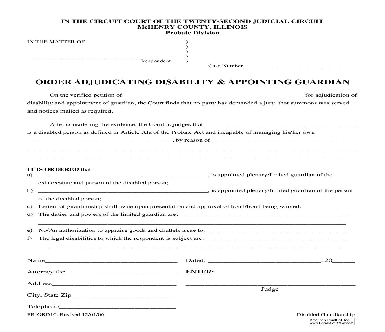 Order Adjudicating Disability And Appointing Guardian {PR-ORD10} | Pdf Fpdf Doc Docx | Illinois