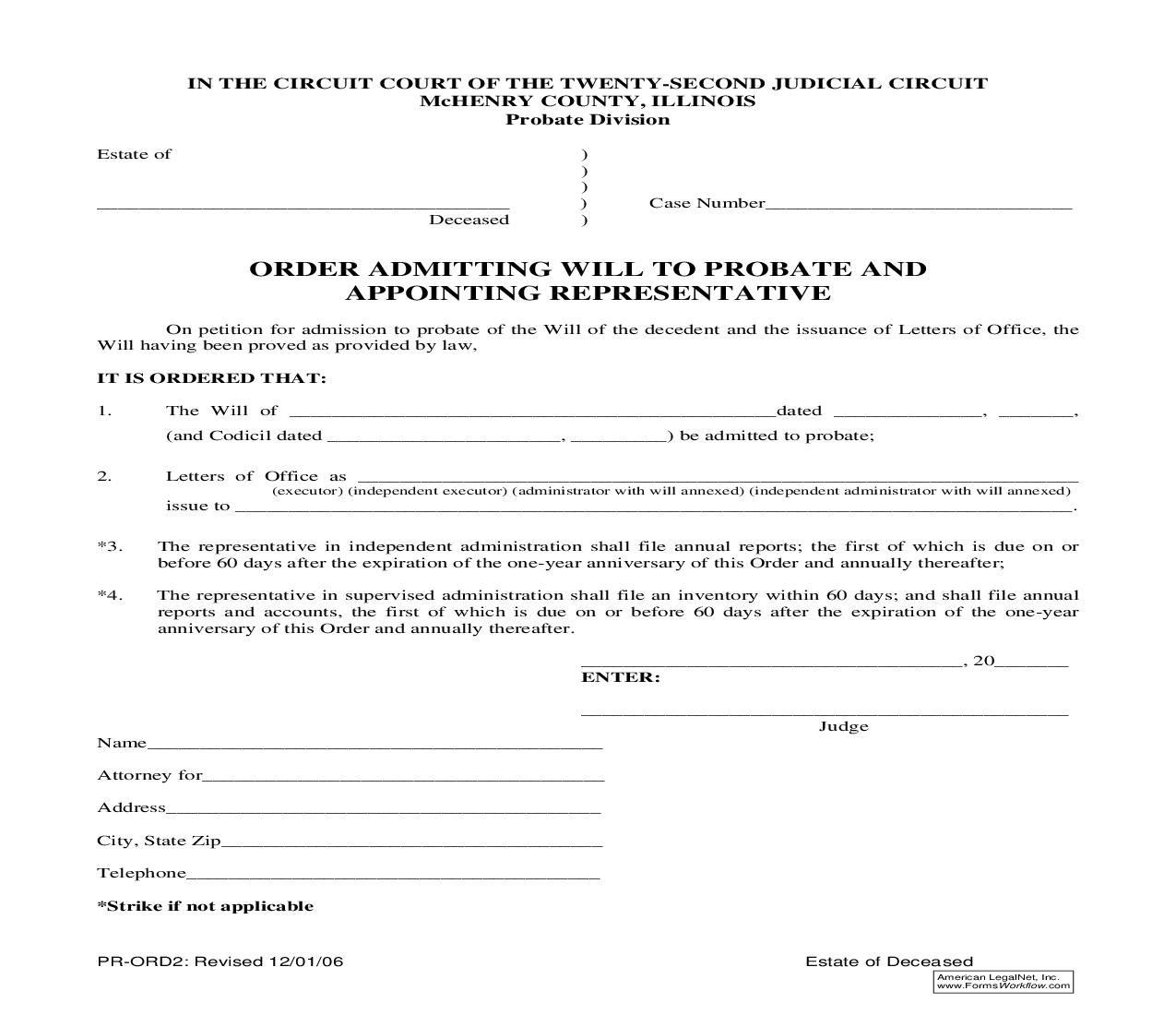 Order Admitting Will To Probate And Appointing Representative {PR-ORD2} | Pdf Fpdf Doc Docx | Illinois