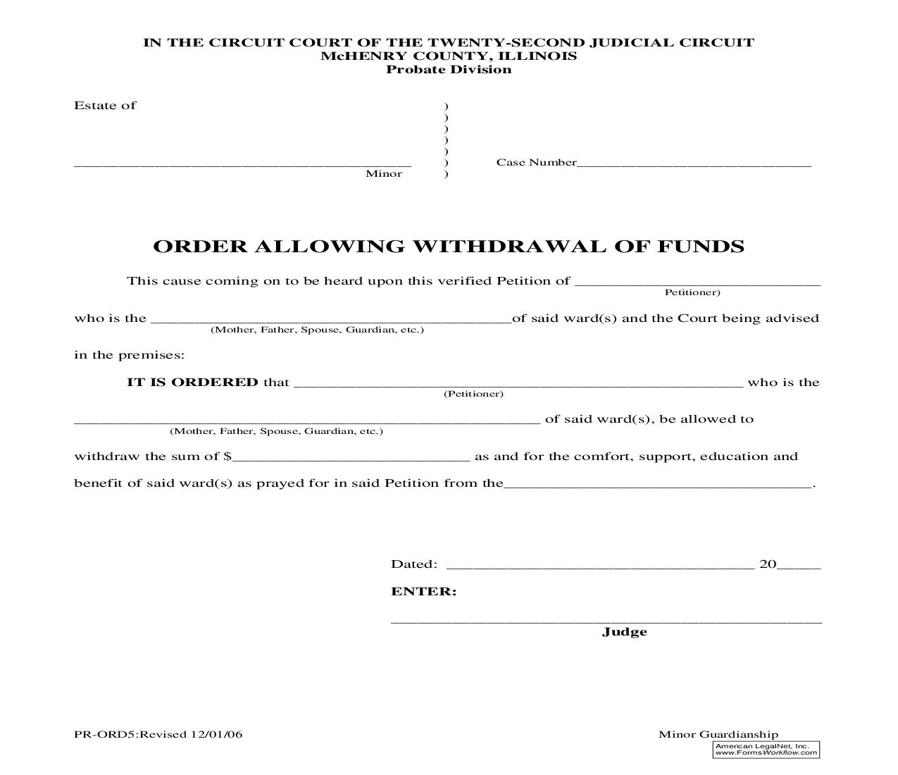 Order Allowing Withdrawal Of Funds {PR-ORD5} | Pdf Fpdf Doc Docx | Illinois