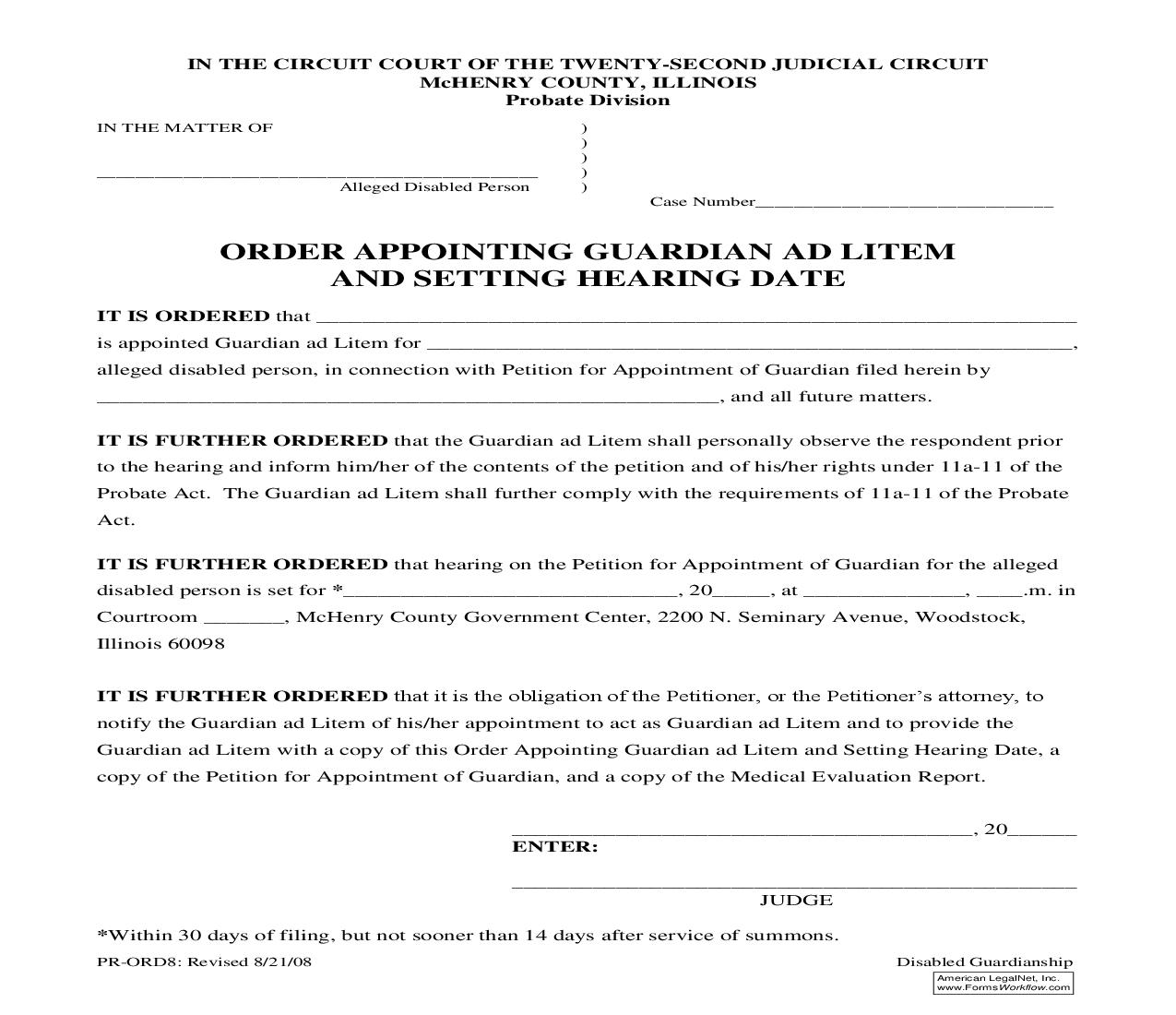 Order Appointing Guardian Ad Litem And Setting Hearing {PR-ORD8} | Pdf Fpdf Doc Docx | Illinois