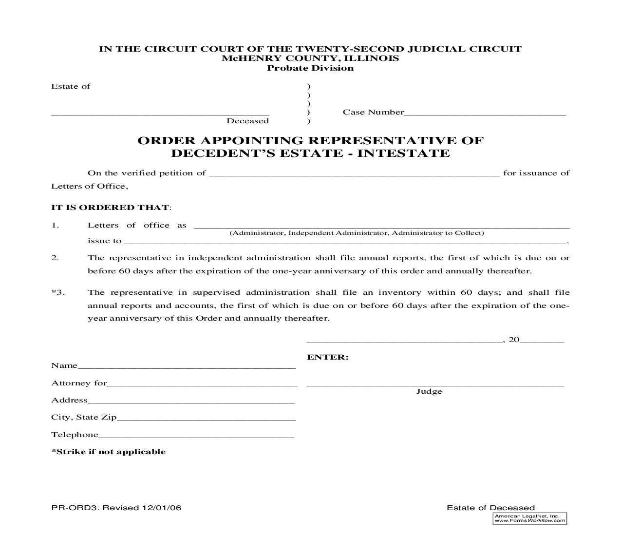 Order Appointing Representative Of Decedents Estate - Intestate {PR-ORD3} | Pdf Fpdf Doc Docx | Illinois