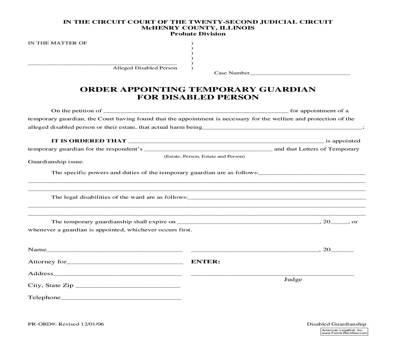 Order Appointing Temporary Guardian For Disabled Person {PR-ORD9} | Pdf Fpdf Doc Docx | Illinois