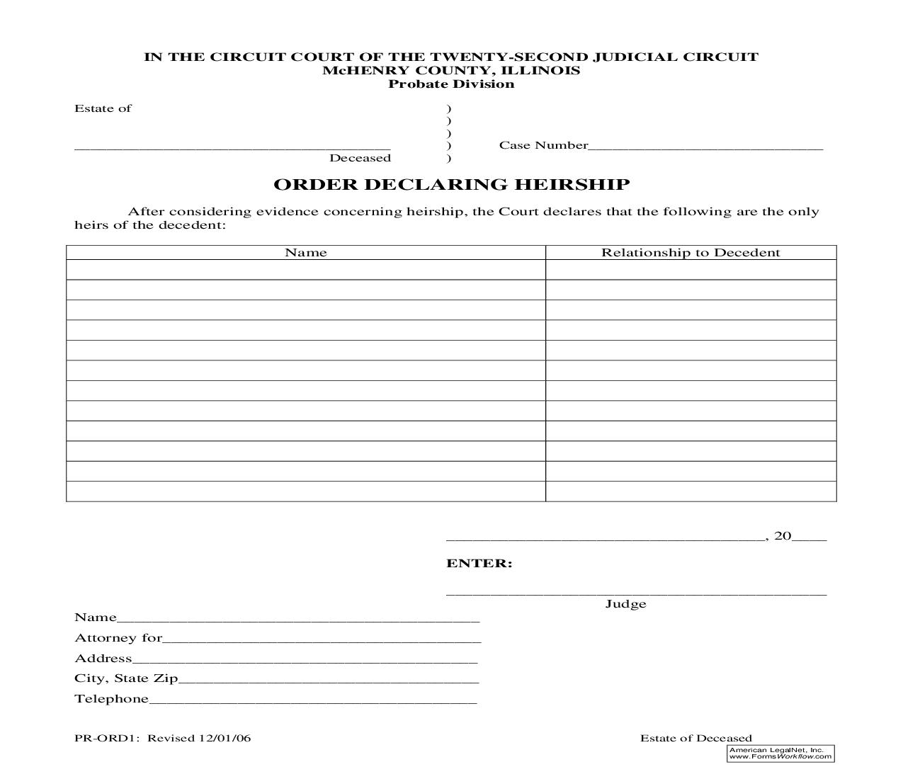 Order Declaring Heirship {PR-ORD1} | Pdf Fpdf Doc Docx | Illinois