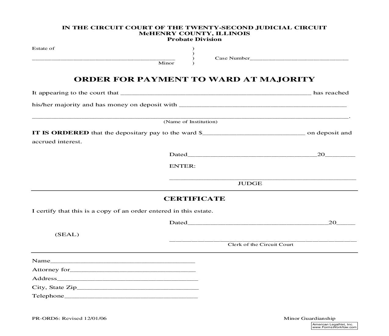 Order For Payment To Ward At Majority {PR-ORD6} | Pdf Fpdf Doc Docx | Illinois