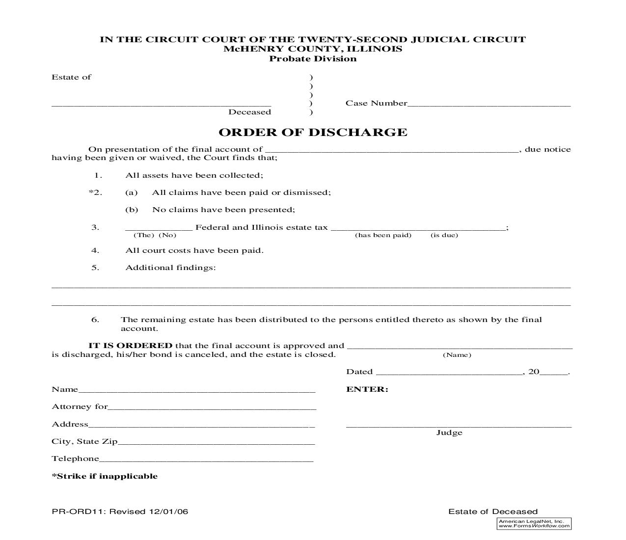 Order Of Discharge {PR-ORD11} | Pdf Fpdf Doc Docx | Illinois