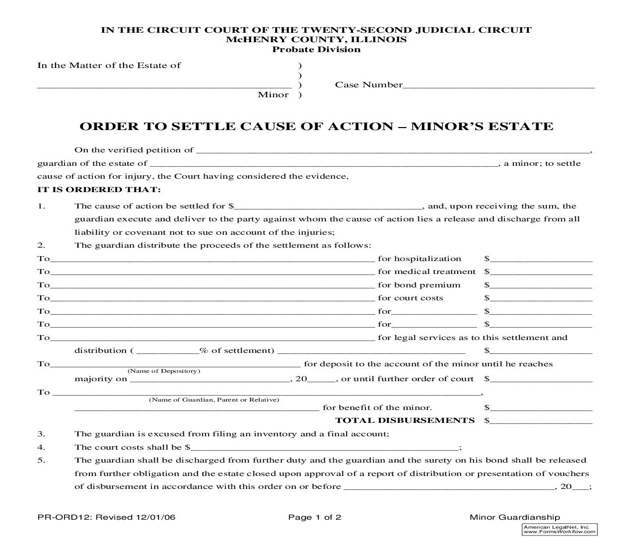 Order To Settle Cause Of Action Minors Estate {PR-ORD12} | Pdf Fpdf Doc Docx | Illinois