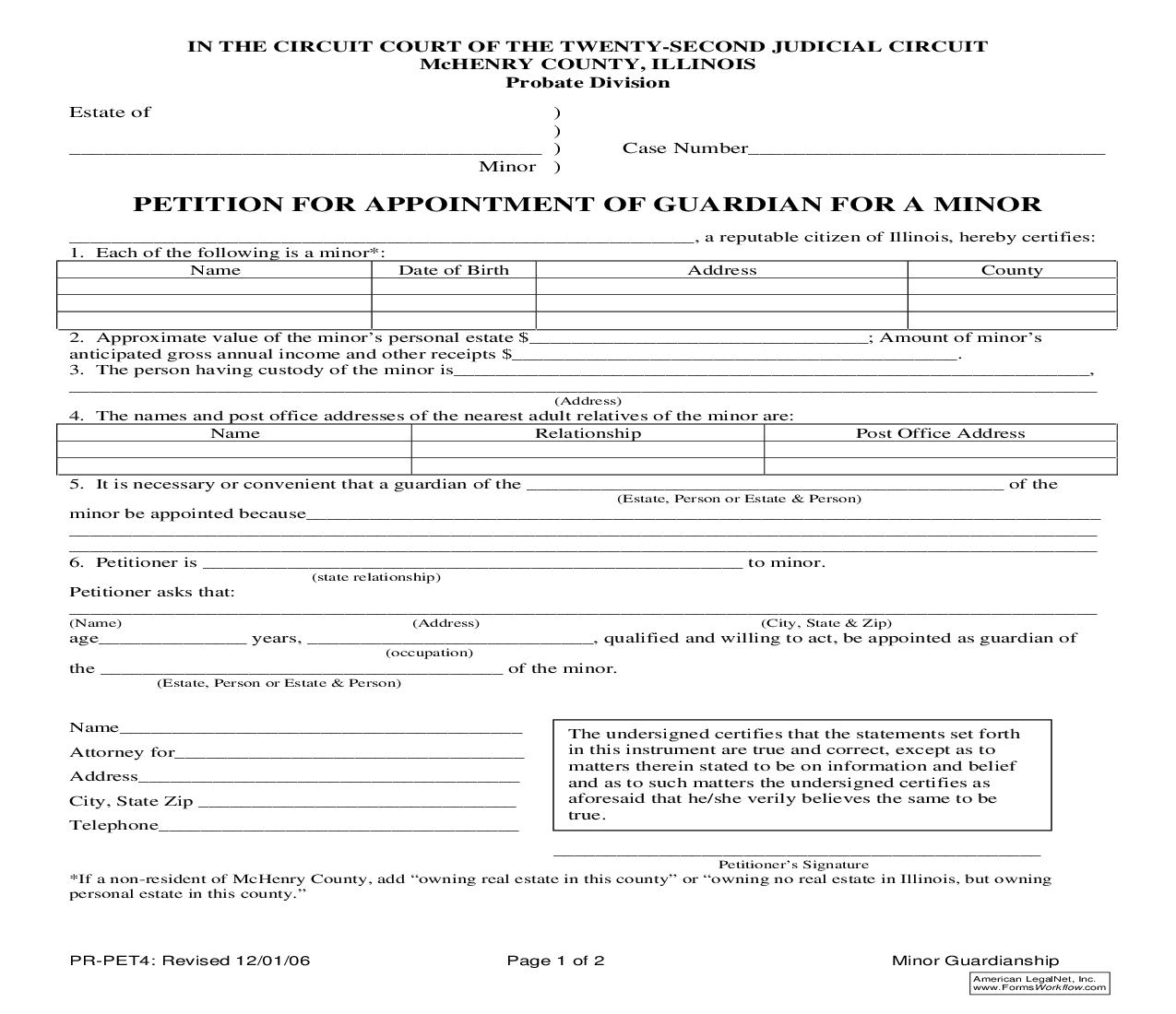 Petition For Appointment Of Guardian For A Minor {PR-PET4} | Pdf Fpdf Doc Docx | Illinois