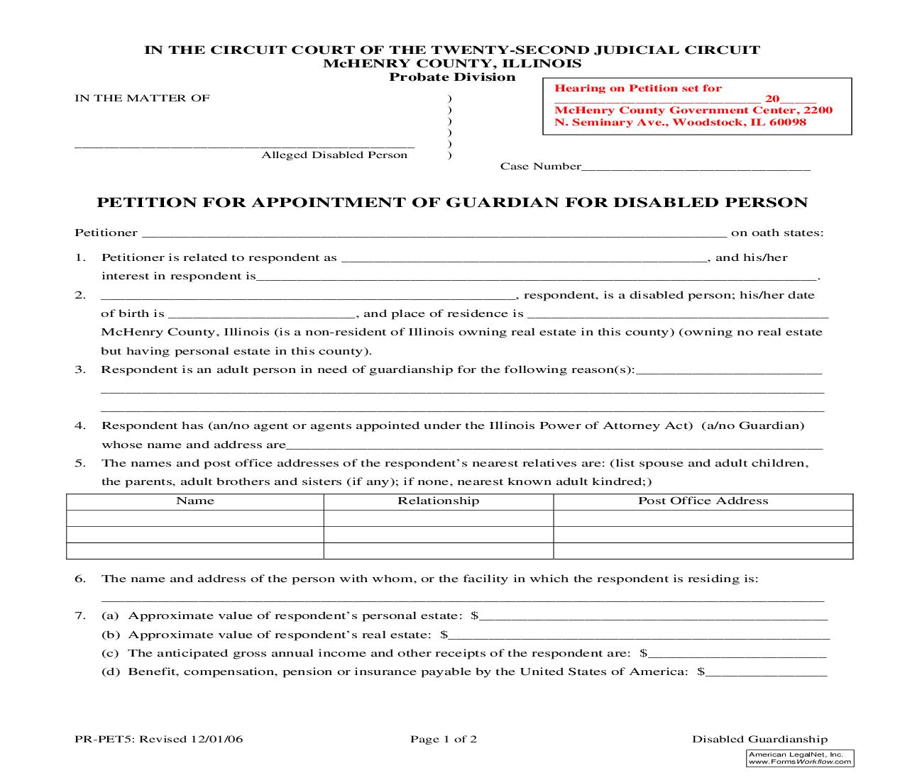 Petition For Appointment Of Guardian For Disabled Person {PR-PET5} | Pdf Fpdf Doc Docx | Illinois
