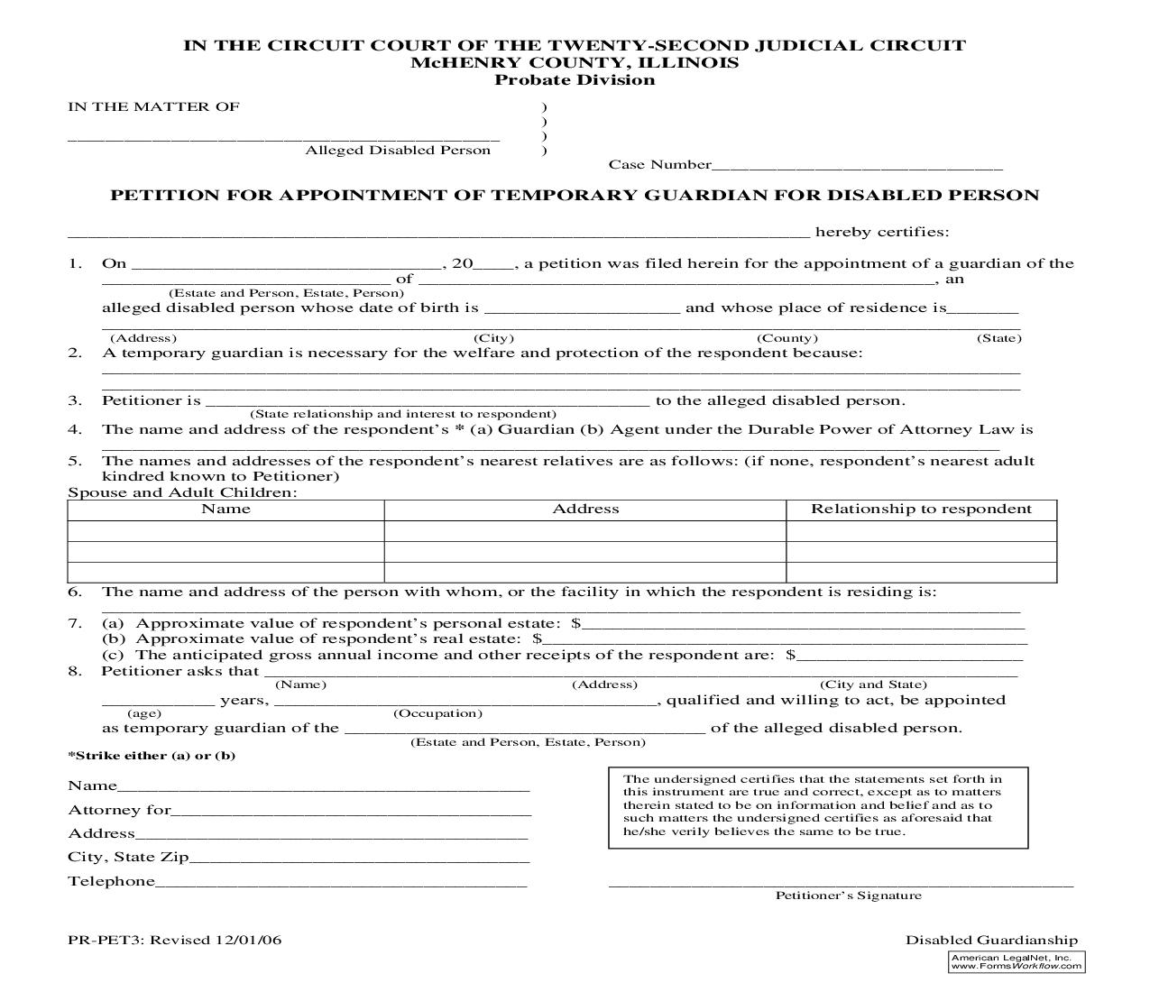 Petition For Appointment Of Temporary Guardian For Disabled Person {PR-PET3} | Pdf Fpdf Doc Docx | Illinois