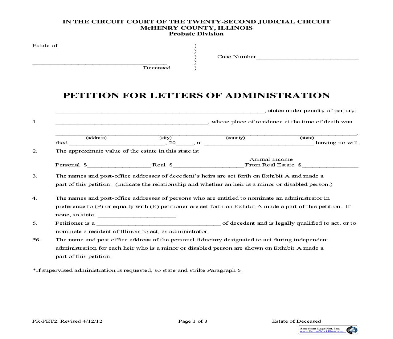 Petition For Letters Of Administration {PR-PET2} | Pdf Fpdf Doc Docx | Illinois