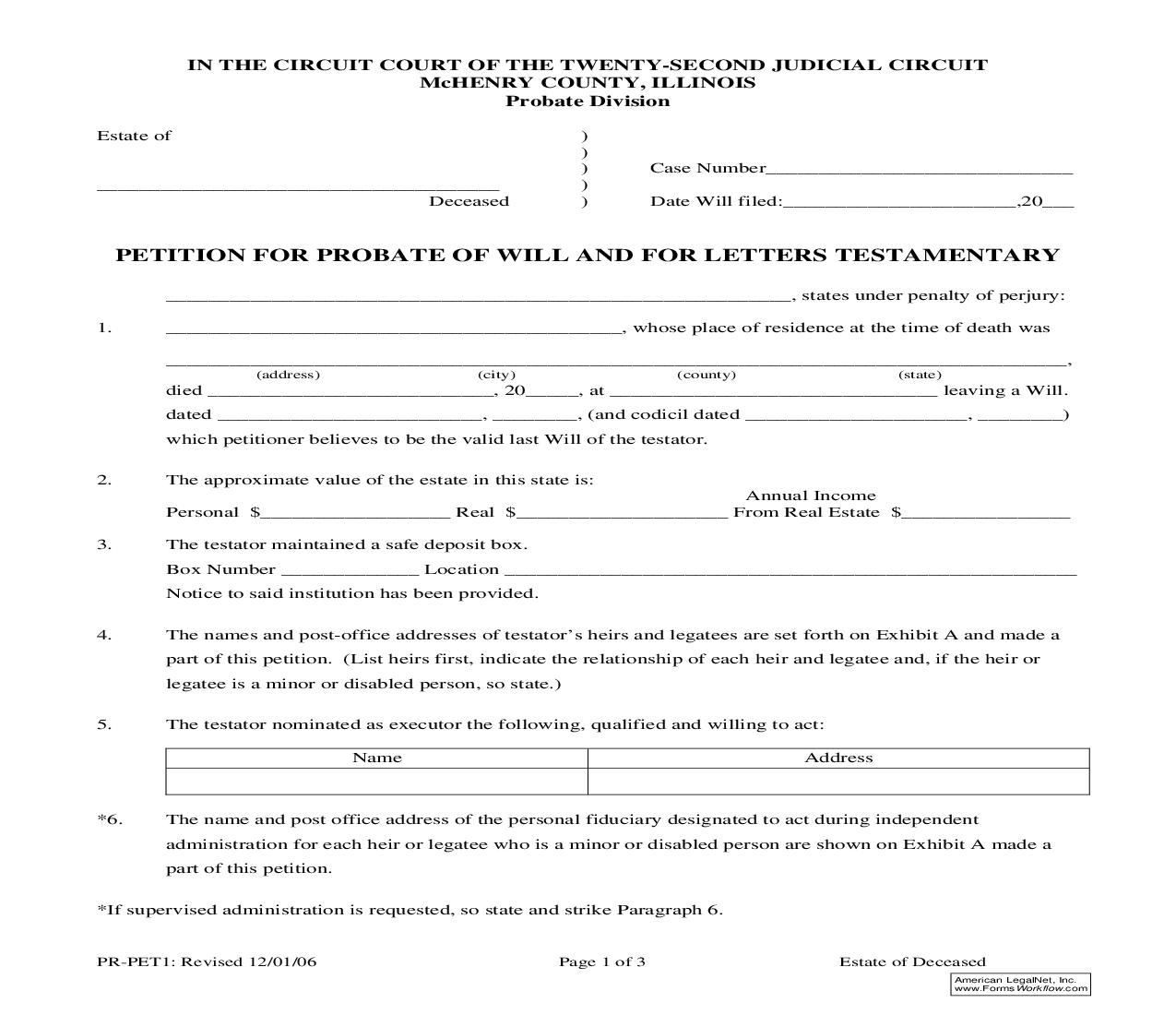 Petition For Probate Of Will And For Letters Testamentary {PR-PET1} | Pdf Fpdf Doc Docx | Illinois