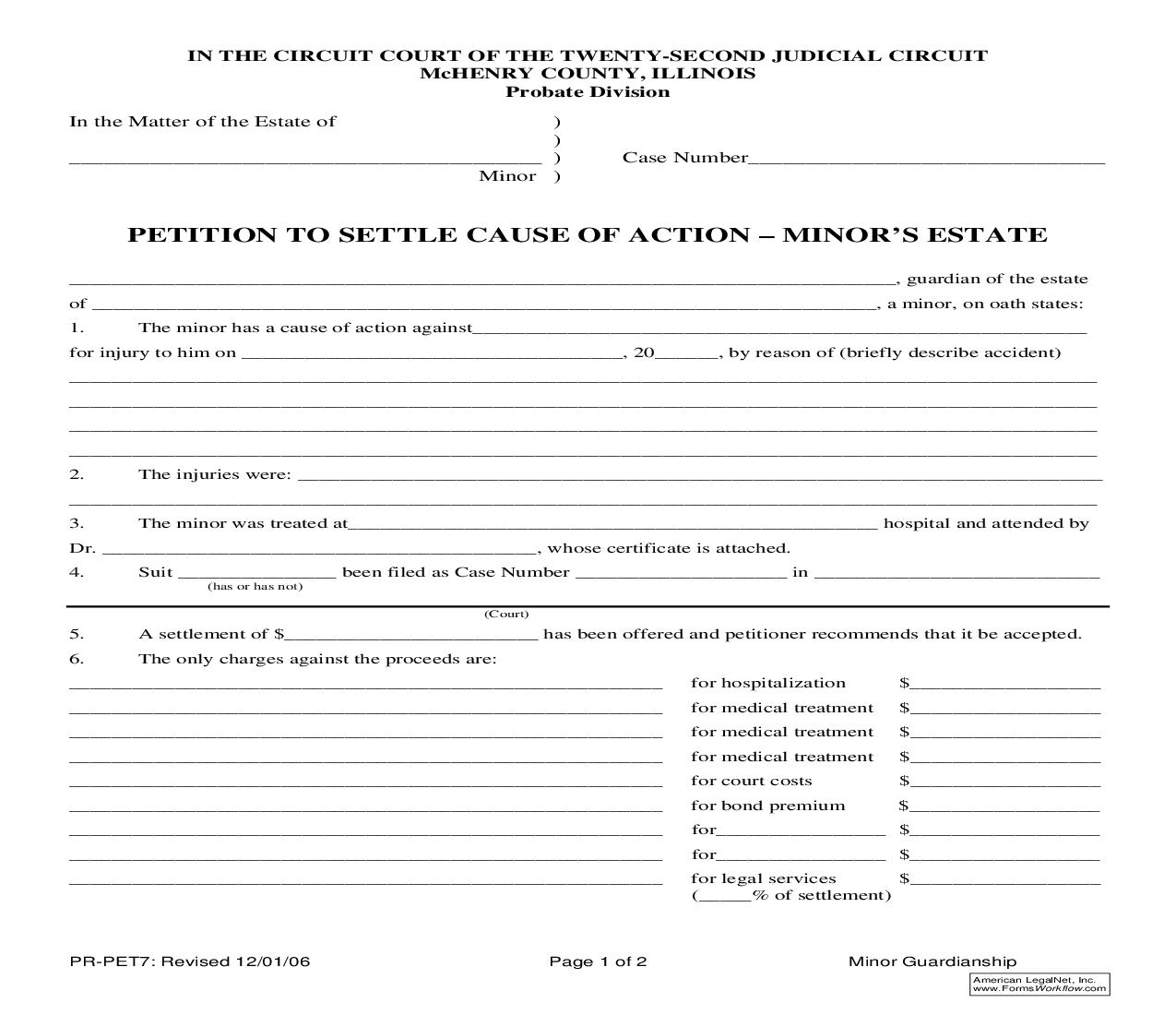 Petition To Settle Cause Of Action Minors Estate {PR-PET7} | Pdf Fpdf Doc Docx | Illinois