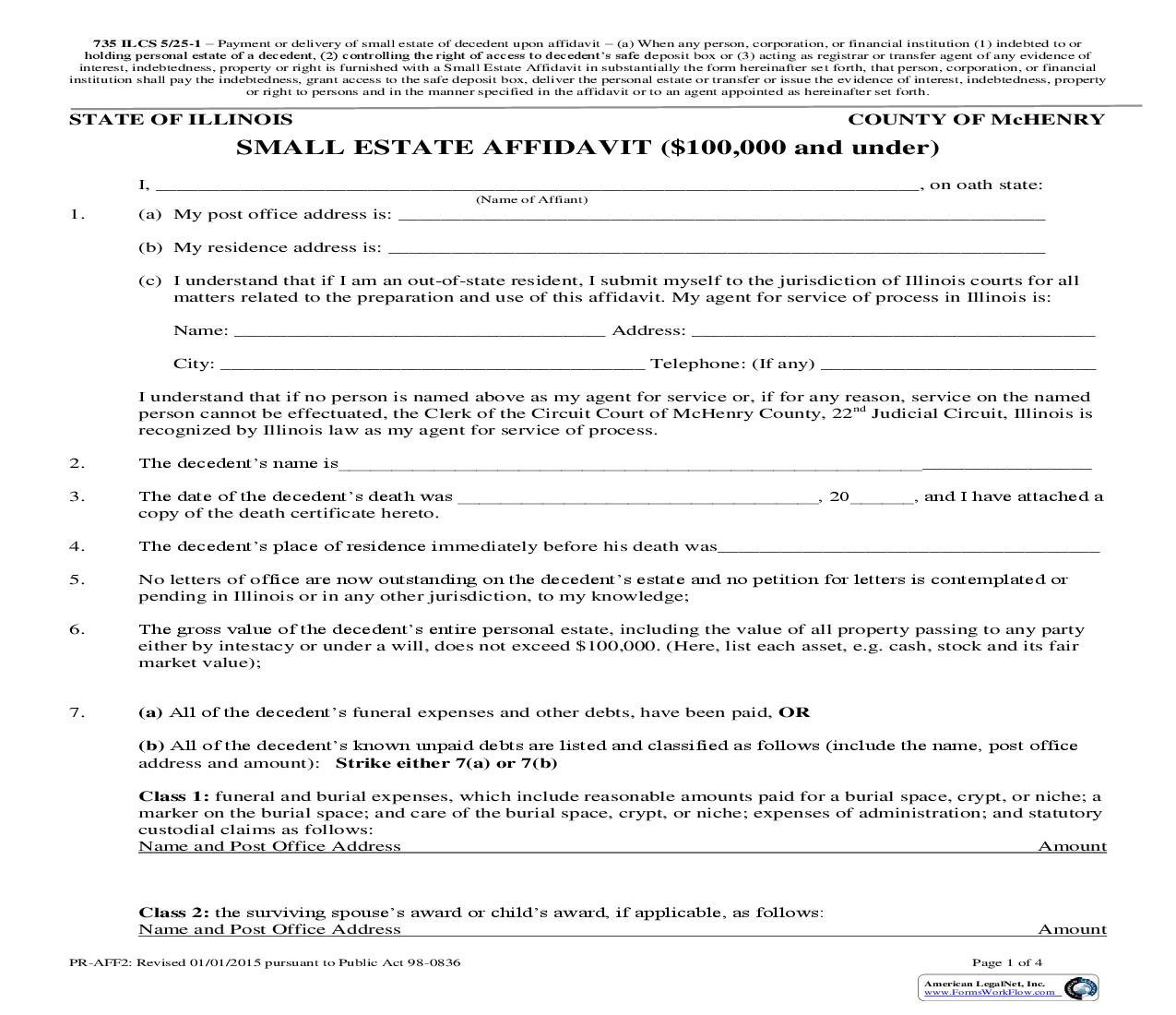 Small Estate Affidavit ($100,000 And Under) {PR-AFF2} | Pdf Fpdf Doc Docx | Illinois