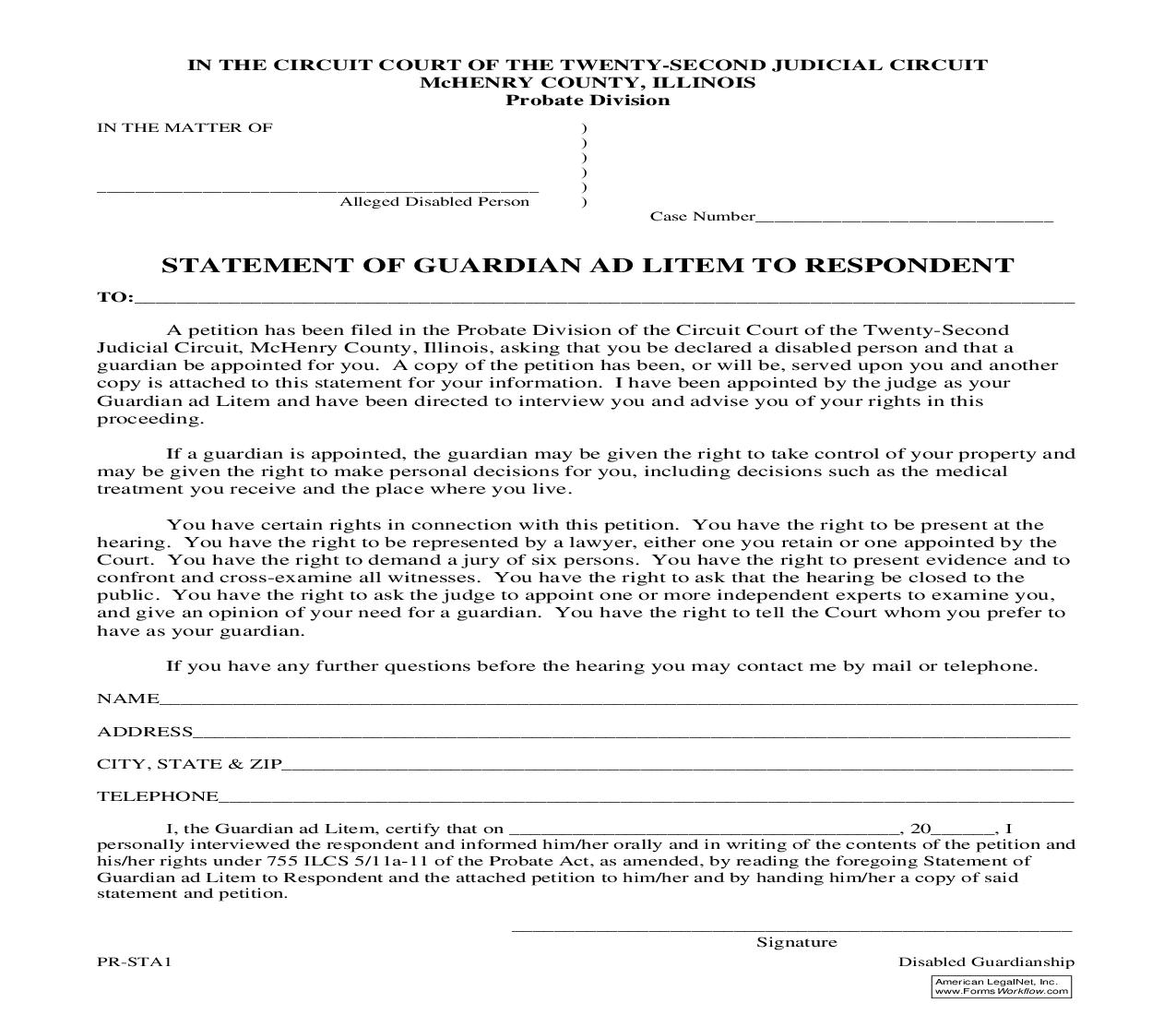 Statement Of Guardian Ad Litem To Respondent {PR-STA1} | Pdf Fpdf Doc Docx | Illinois