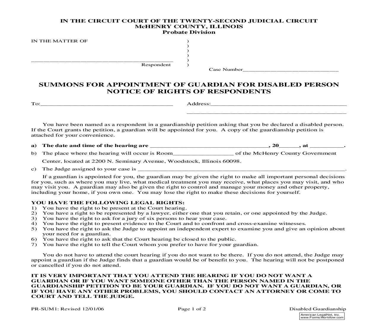 Summons For Appointment Of Guardian For Disabled Person Notice Of Rights Of Respondent {PR-SUM1} | Pdf Fpdf Doc Docx | Illinois