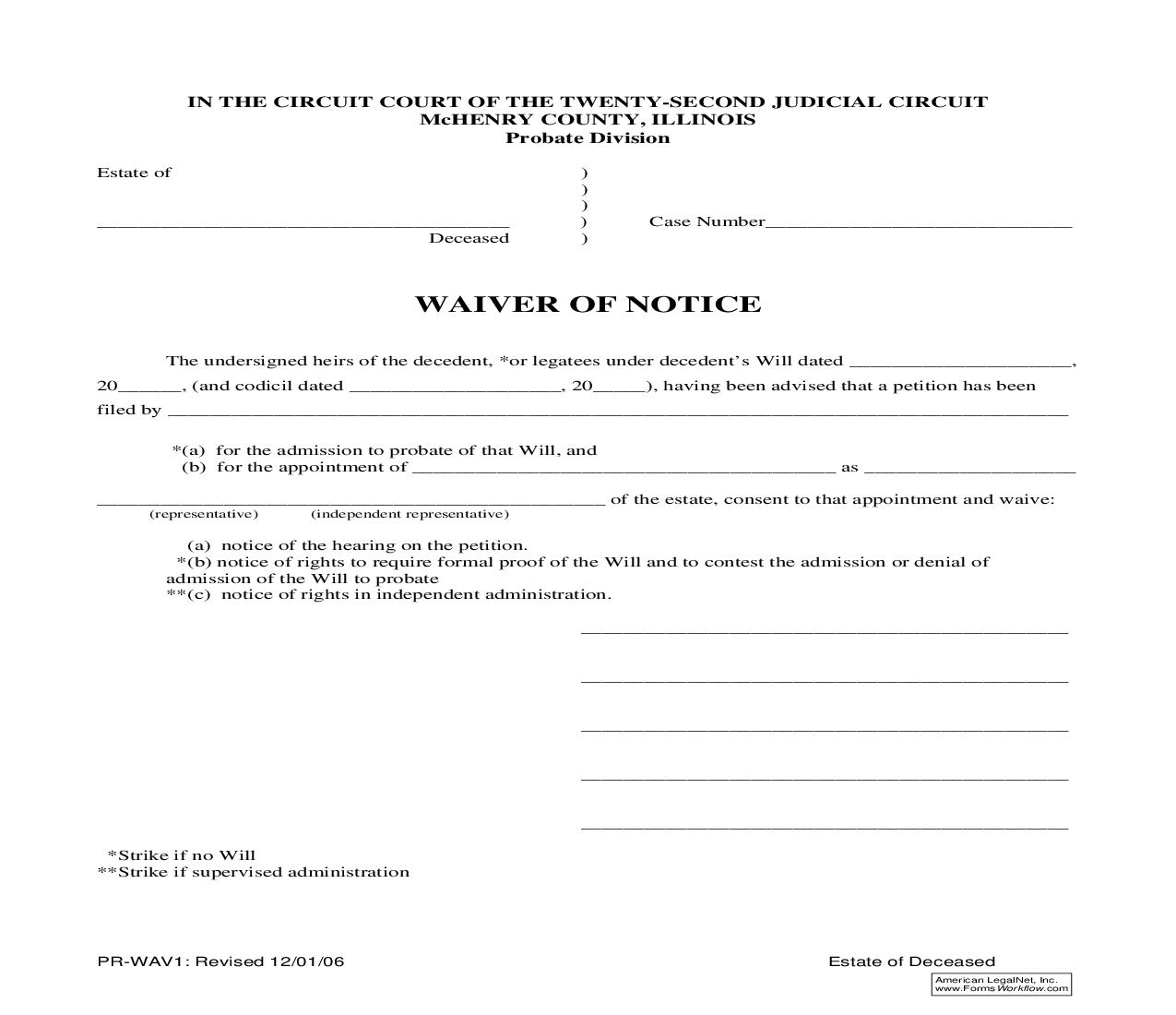 Waiver Of Notice {PR-WAV1} | Pdf Fpdf Doc Docx | Illinois