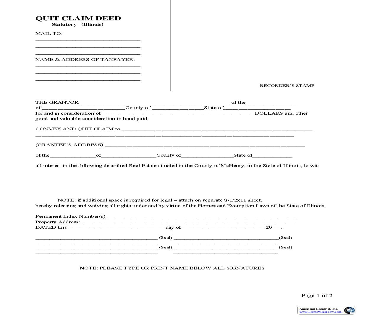Quit Claim Deed-Illinois Statutory | Pdf Fpdf Doc Docx | Illinois