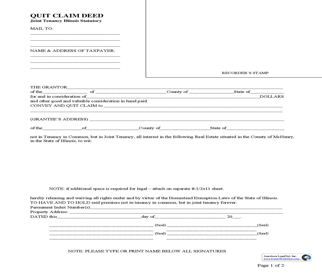 Quit Claim Deed-Joint Tenancy Illinois Statutory | Pdf Fpdf Doc Docx | Illinois