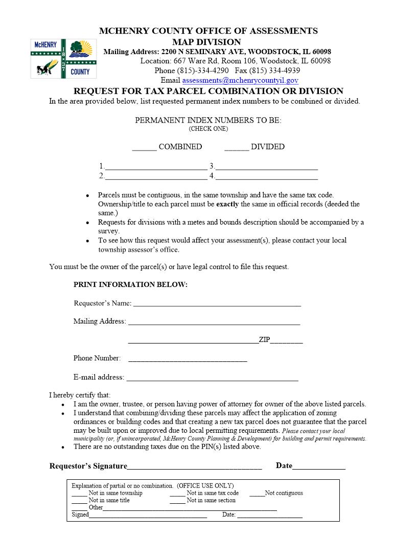 Request For Tax Parcel Combination Or Division | Pdf Fpdf Docx | Illinois