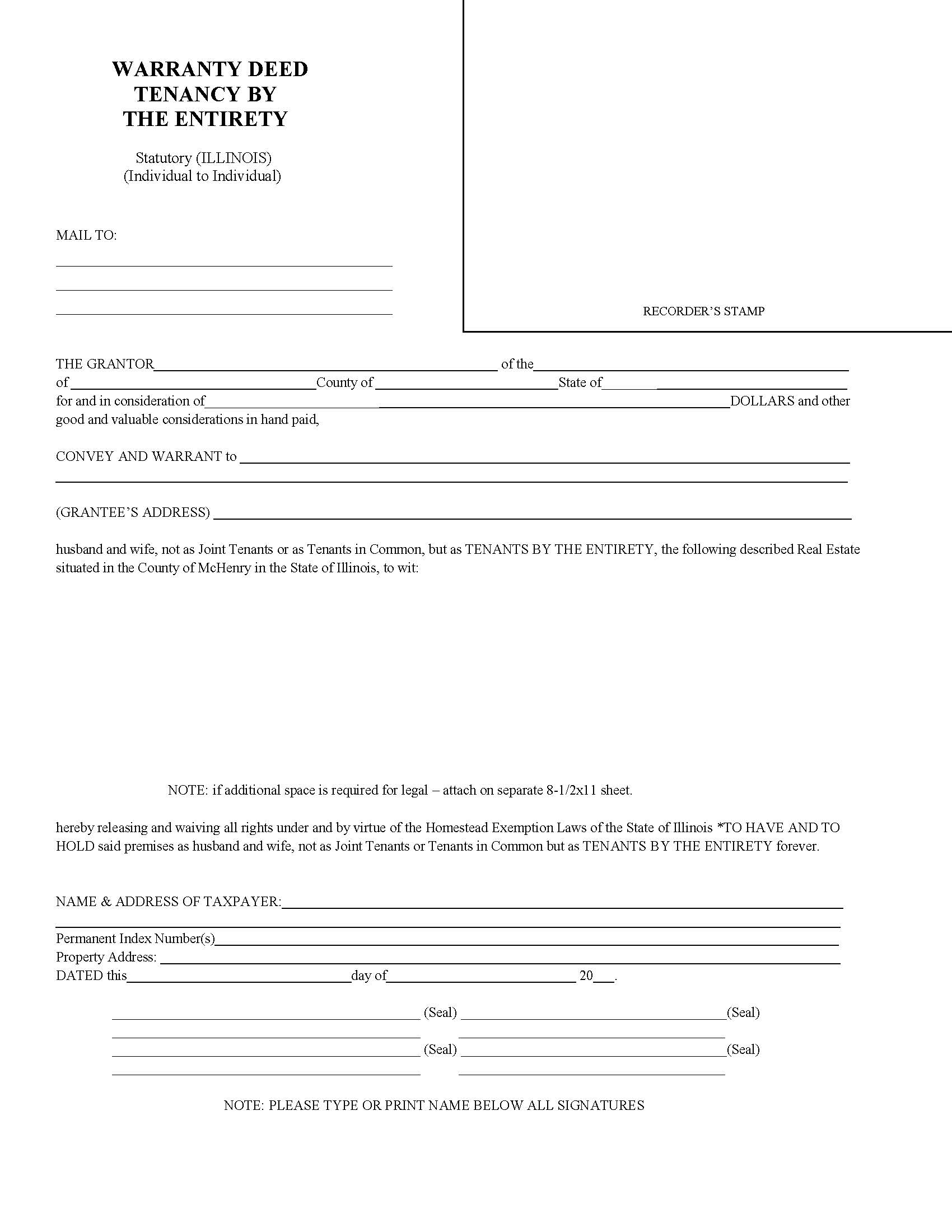 Warranty Deed Tenancy By The Entirety (Individual To Individual) {McH-WDTBE} | Pdf Fpdf Doc Docx | Illinois