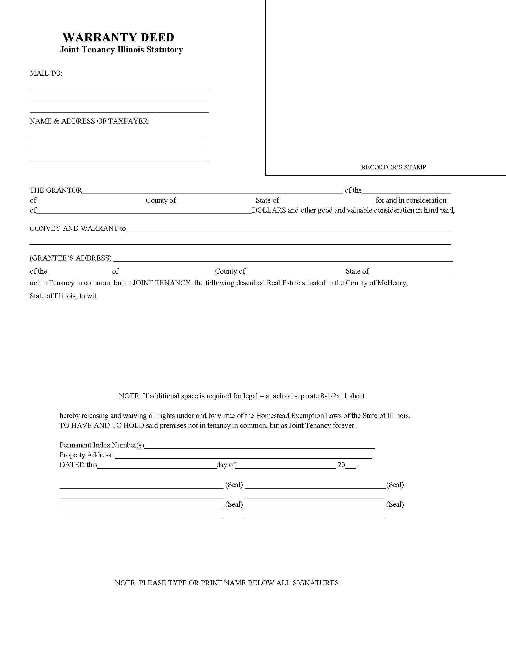 Warranty Deed-Joint Tenancy Illinois Statutory {McH-WDJTIS} | Pdf Fpdf Doc Docx | Illinois