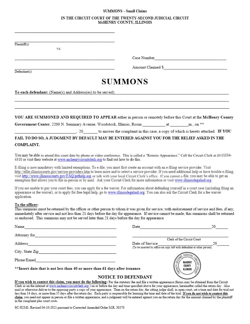 Summons Small Claims {SC-SUM1} | Pdf Fpdf Docx | Illinois