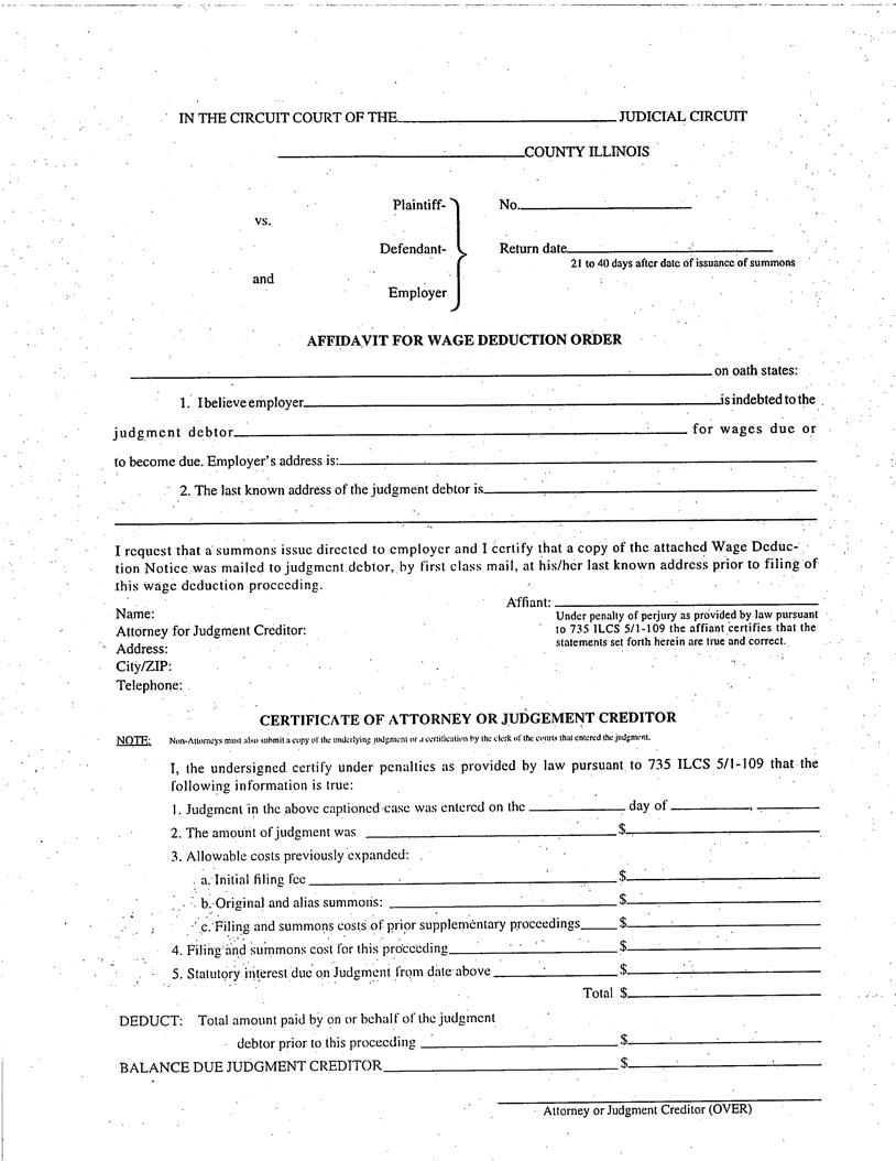 Affidavit For Wage Deduction Order | Pdf Fpdf Docx | Illinois