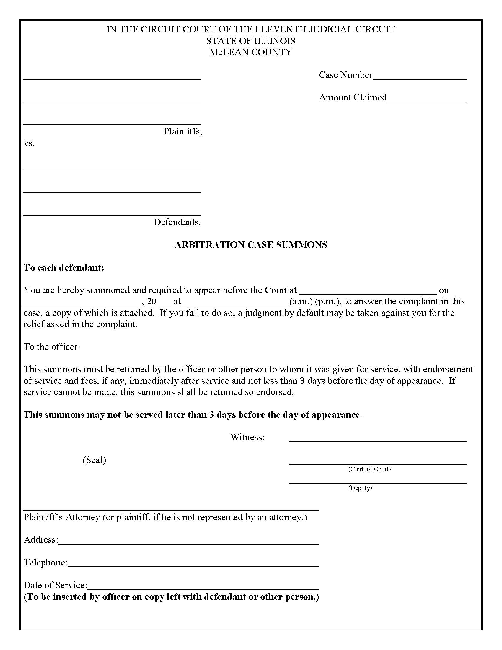 Arbitration Case Summons | Pdf Fpdf Docx | Illinois