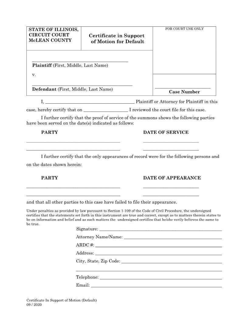 Certificate In Support Of Motion For Default | Pdf Fpdf Docx | Illinois