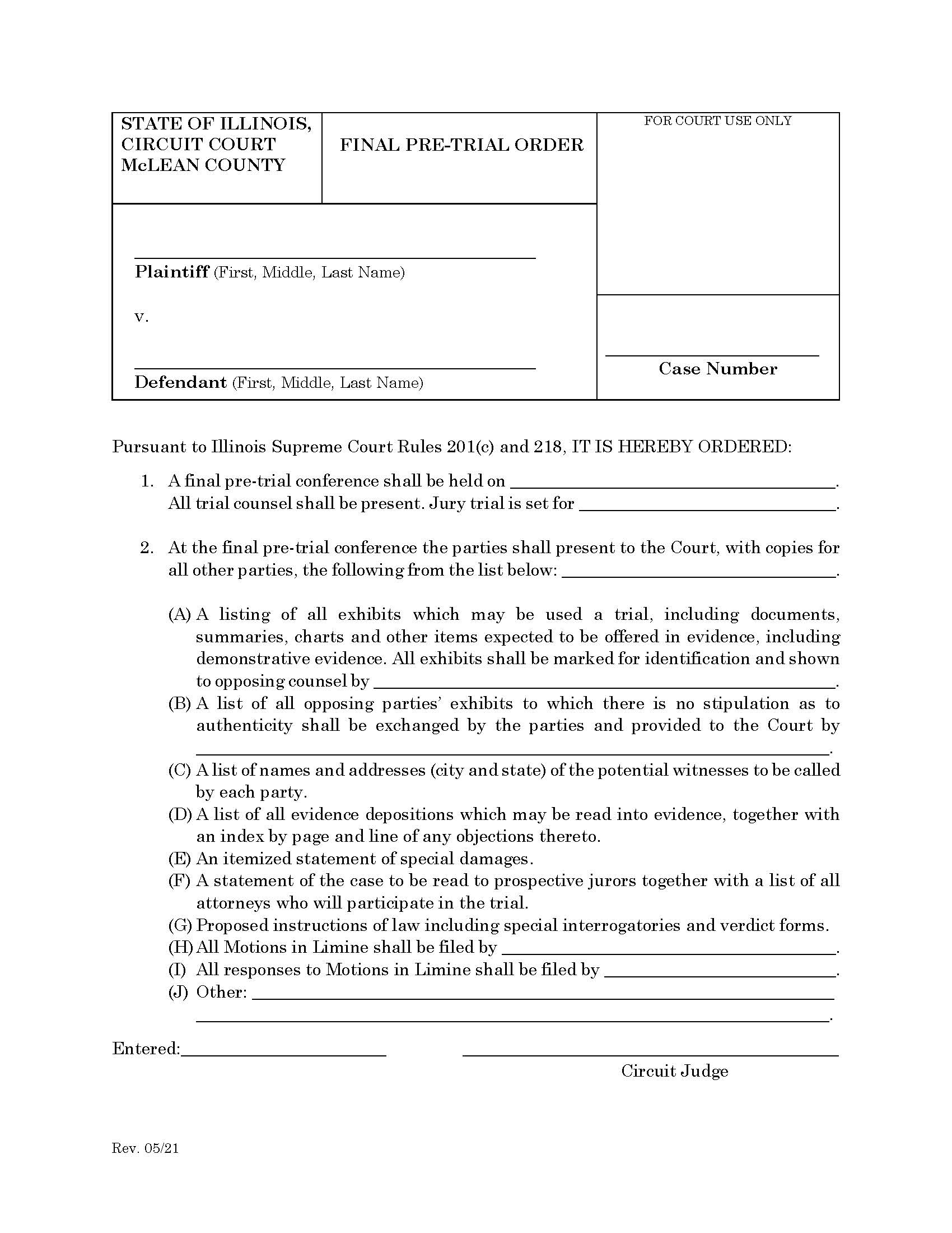 Final Pre-Trial Order | Pdf Fpdf Docx | Illinois