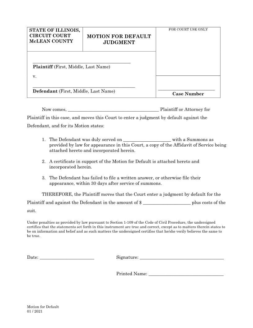 Motion For Default Judgment | Pdf Fpdf Docx | Illinois