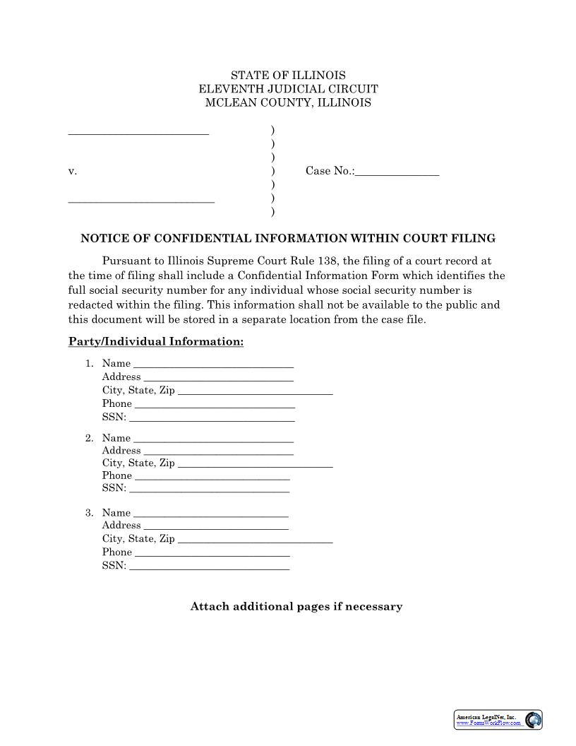 Notice Of Confidential Information Within Filing | Pdf Fpdf Docx | Illinois