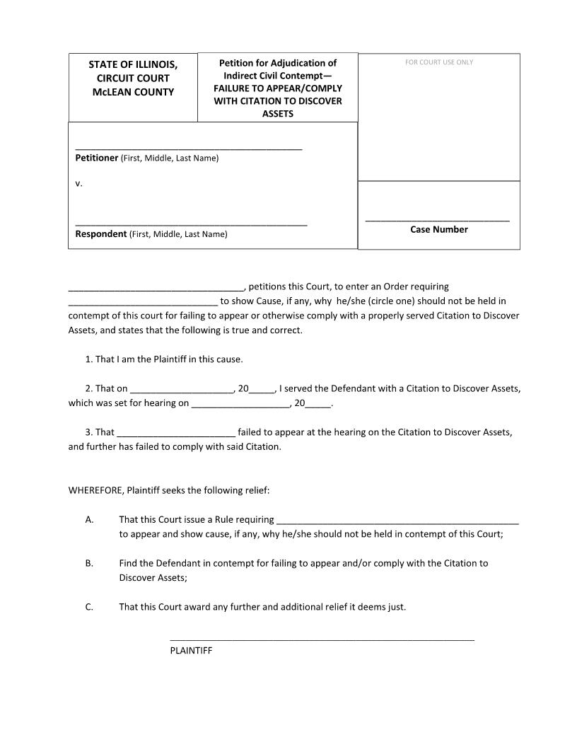 Petition For Adjudication Indirect Civil Contempt (Rule To Show Cause Citation) | Pdf Fpdf Docx | Illinois