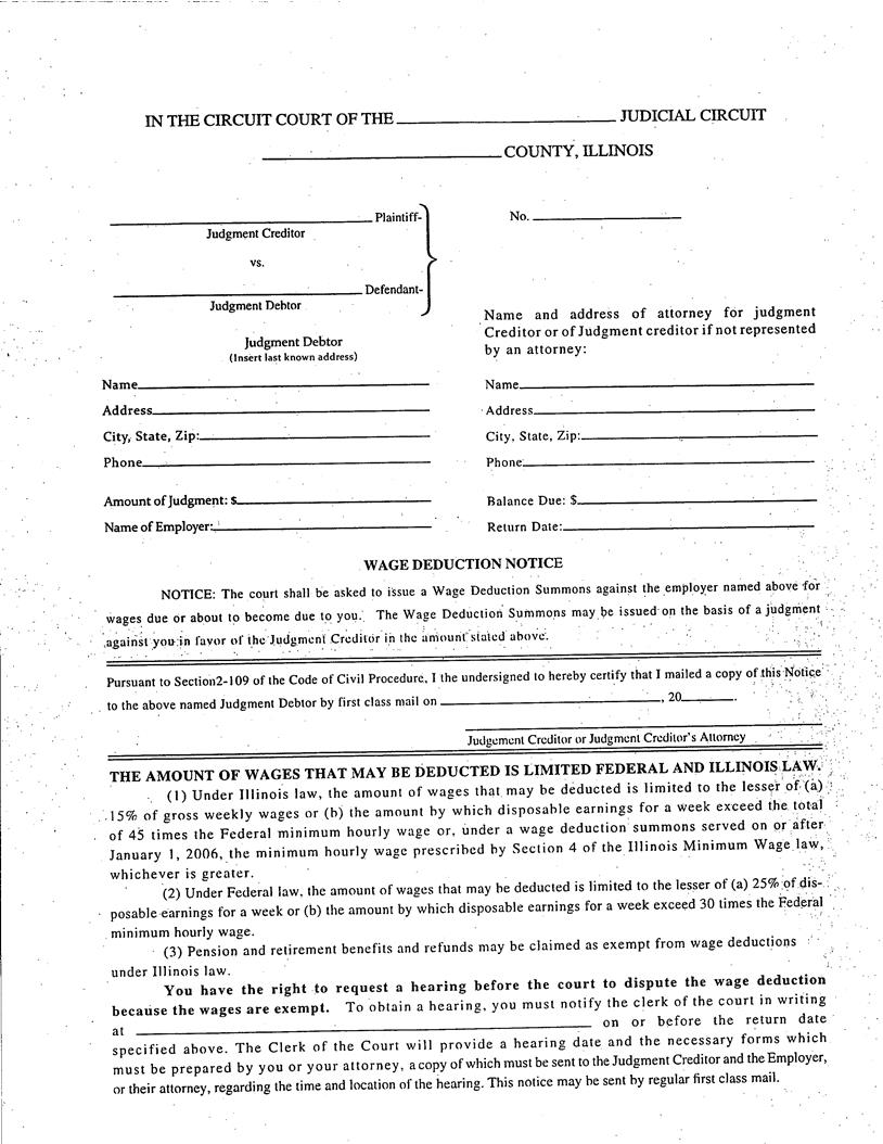 Wage Deduction Notice | Pdf Fpdf Docx | Illinois