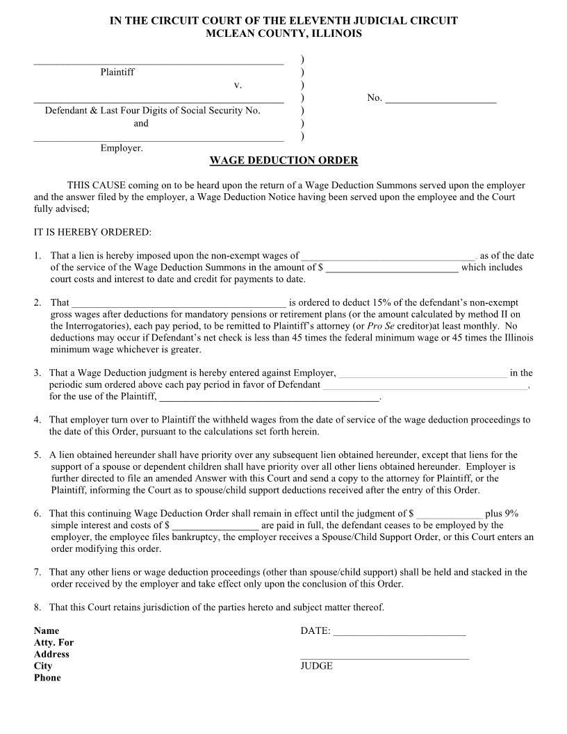 Wage Deduction Order | Pdf Fpdf Docx | Illinois
