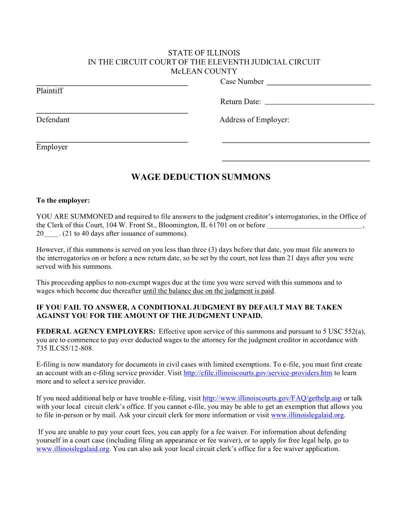 Wage Deduction Summons | Pdf Fpdf Docx | Illinois