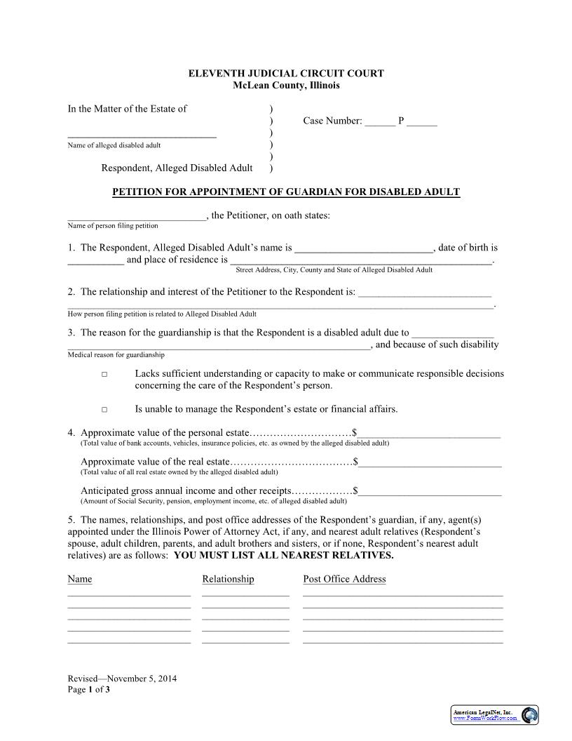 Petition For Appointment Of Guardian For Disabled Adult | Pdf Fpdf Docx | Illinois