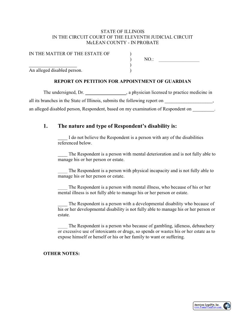 Report On Petition For Appointment Of Guardian (Disabled Person) | Pdf Fpdf Docx | Illinois