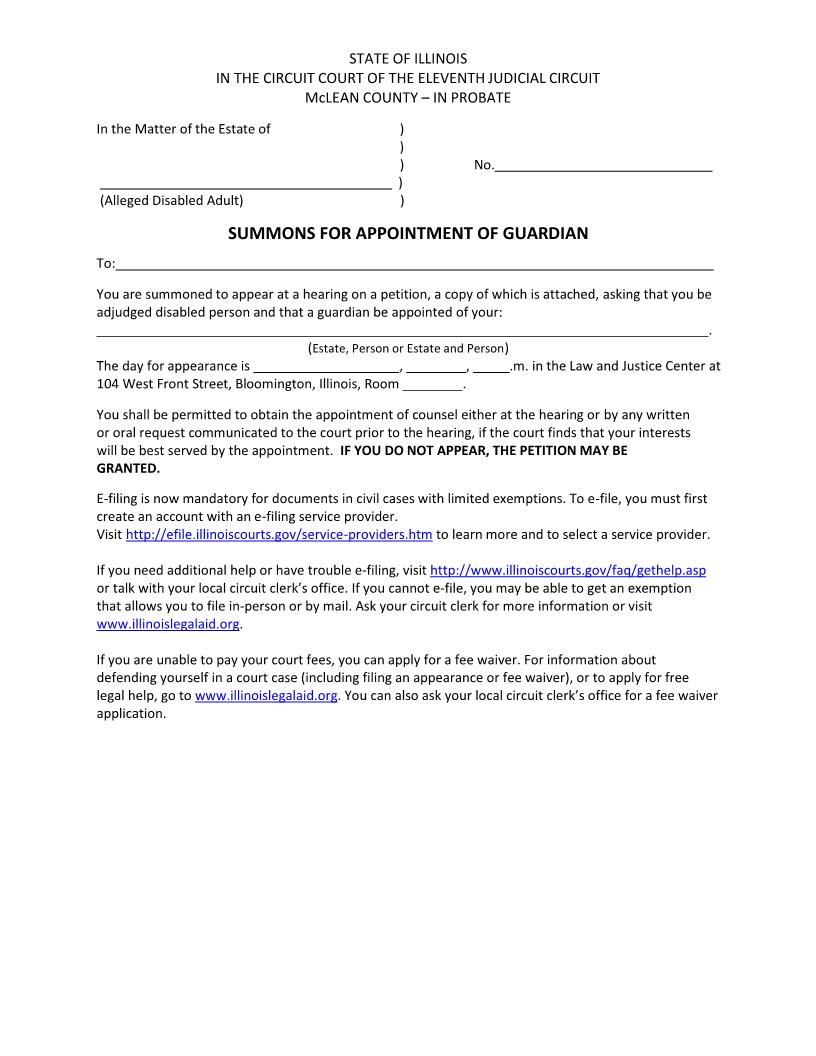 Summons For Appointment Of Guardian (Disabled Adult) | Pdf Fpdf Docx | Illinois