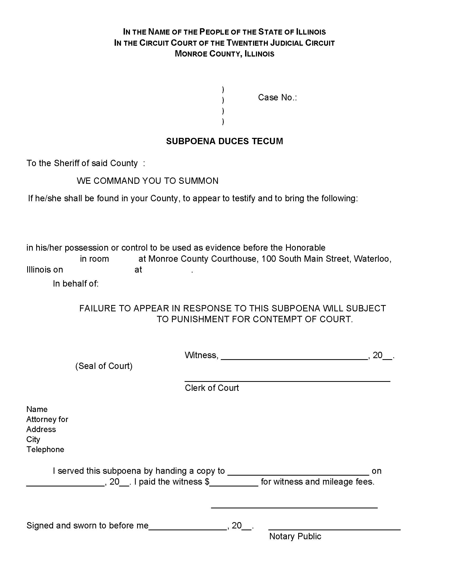 Subpoena Duces Tecum | Pdf Fpdf Docx | Illinois