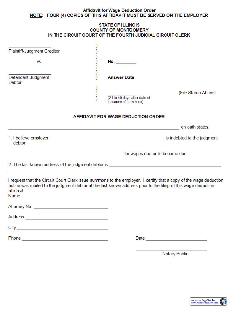 Affidavit For Wage Deduction Order With Interrogatories-Answer | Pdf Fpdf Docx | Illinois
