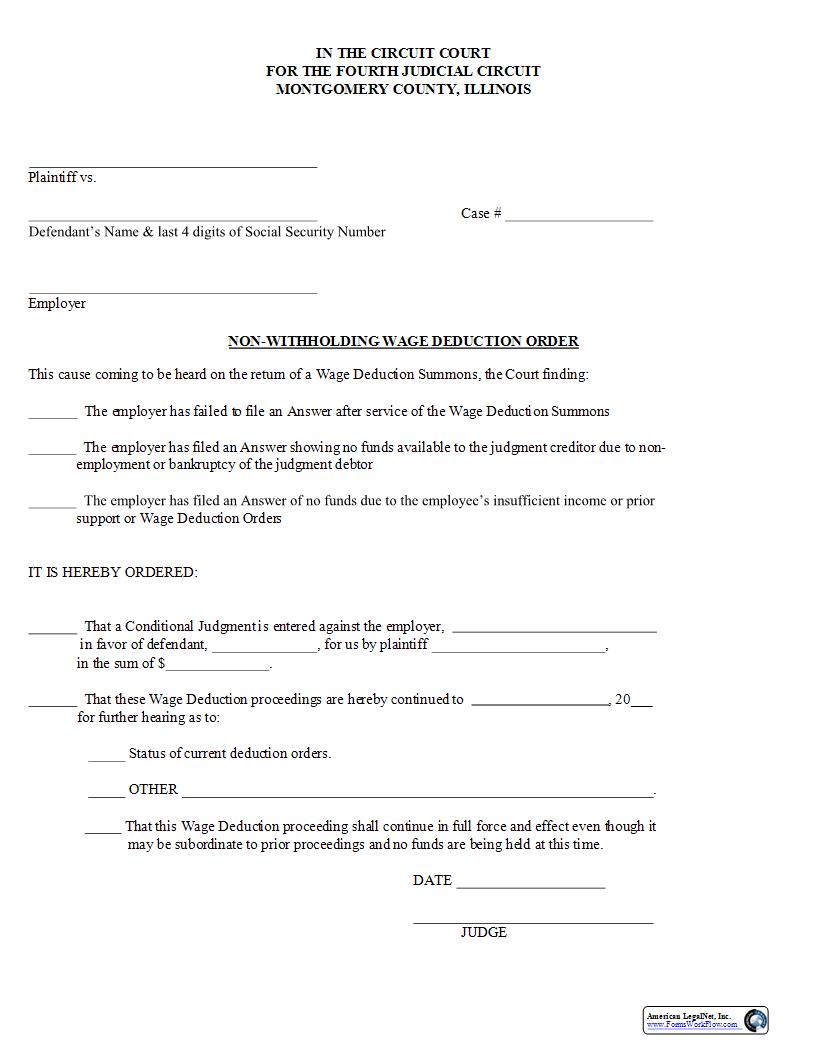 Non-Withholding Wage Deduction Order | Pdf Fpdf Docx | Illinois